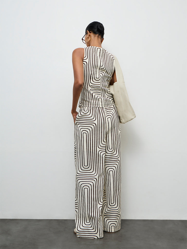 Wardrobe Ivory Printed High-Rise Cotton-Blend Trousers