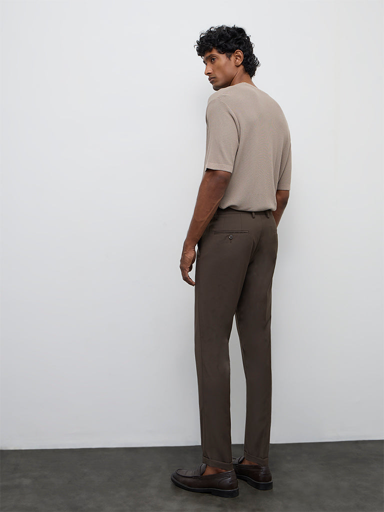 WES Formals Brown Slim-Fit Mid-Rise Trousers