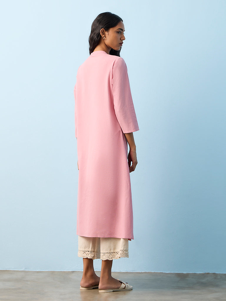 Utsa Pink Embroidered Cotton-Blend A-Line Kurta