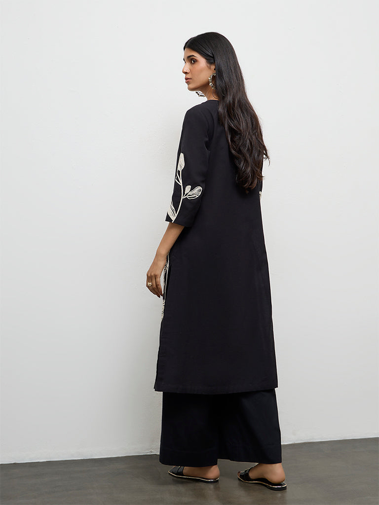Utsa Black Floral Embroidered Cotton-Blend Kurta