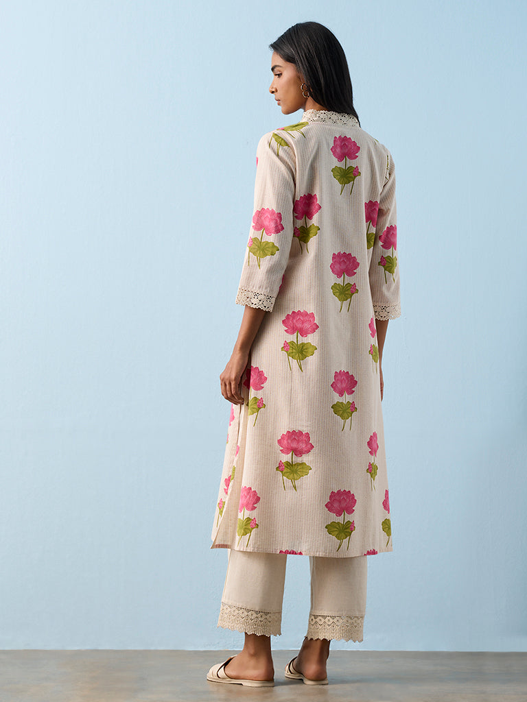 Utsa Pink Paisley Embroidered Cotton-Blend A-Line Kurta