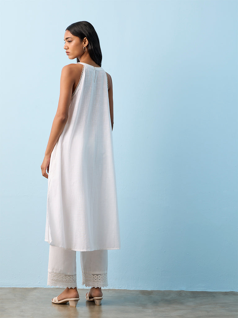 Utsa White Floral Embroidered Cotton A-line Kurta