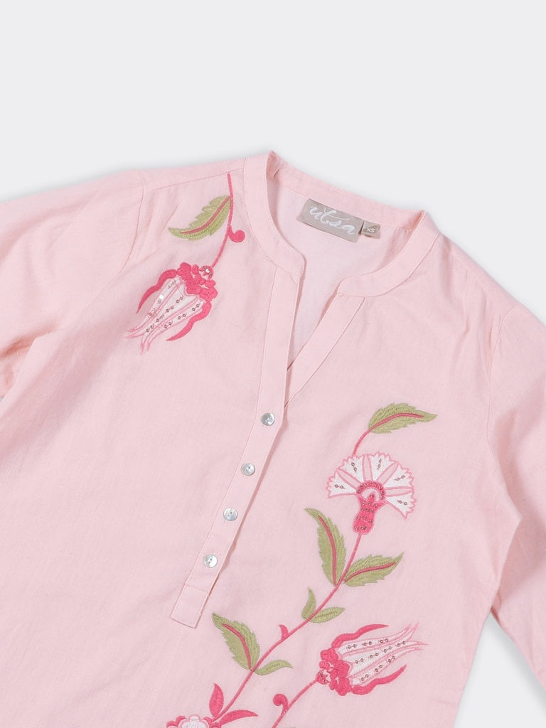 Utsa Pink Foliage Embroidered Cotton-Blend Straight Tunic
