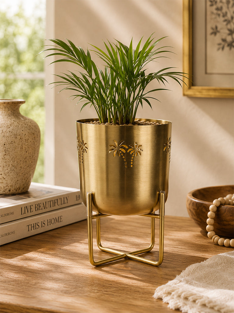 palm tree plant stand Buy Westside Home Gold Palm Tree Design Metal Planter with Short Stand from Westside