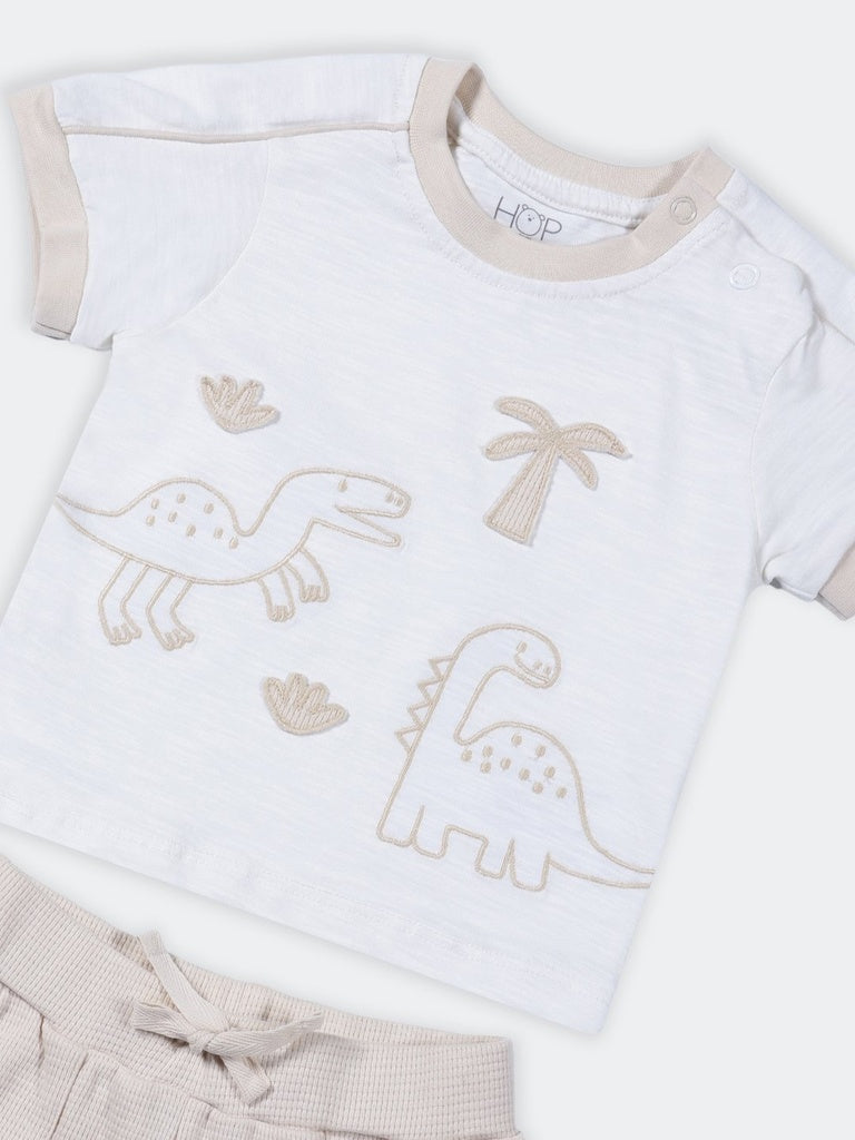 HOP Baby Boys White Regular Fit Cotton T-Shirt and Shorts Set