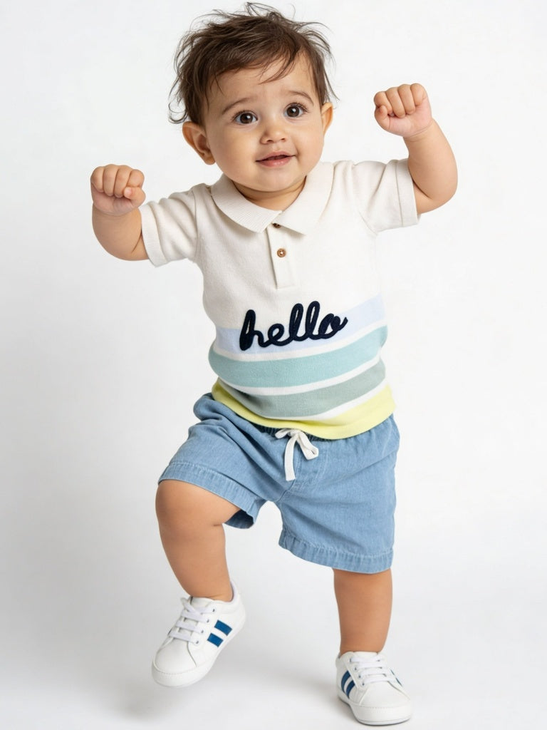 HOP Baby Boys White Striped Cotton T-Shirt and Shorts Set