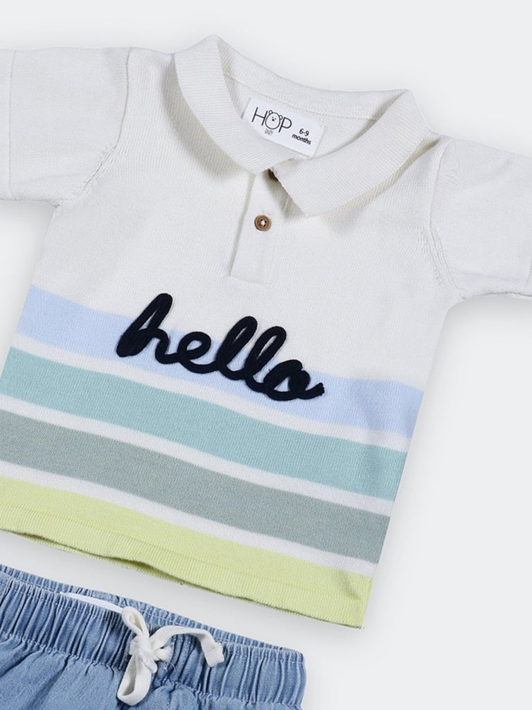 HOP Baby Boys White Striped Cotton T-Shirt and Shorts Set
