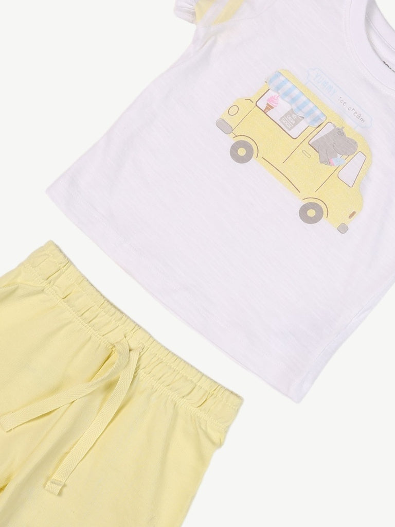 HOP Baby Boys White Printed Cotton T-Shirt and Shorts Set