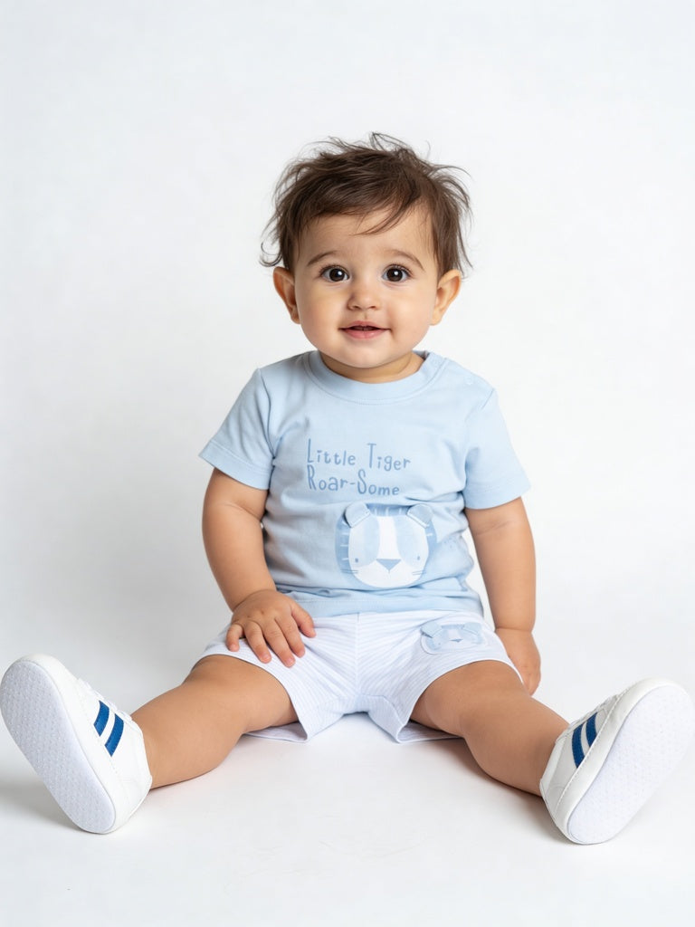 HOP Baby Boys Light Blue Graphic Design Cotton T-Shirt and Shorts Set