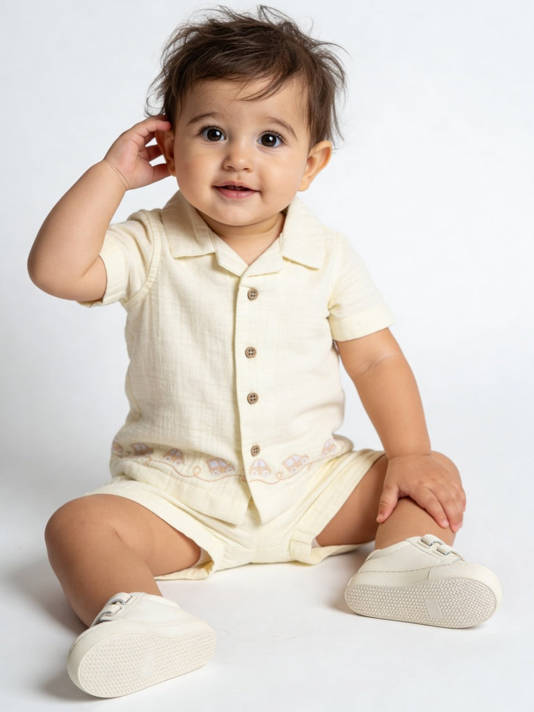 HOP Baby Boys Yellow Embroidered Cotton Shirt and Shorts Set