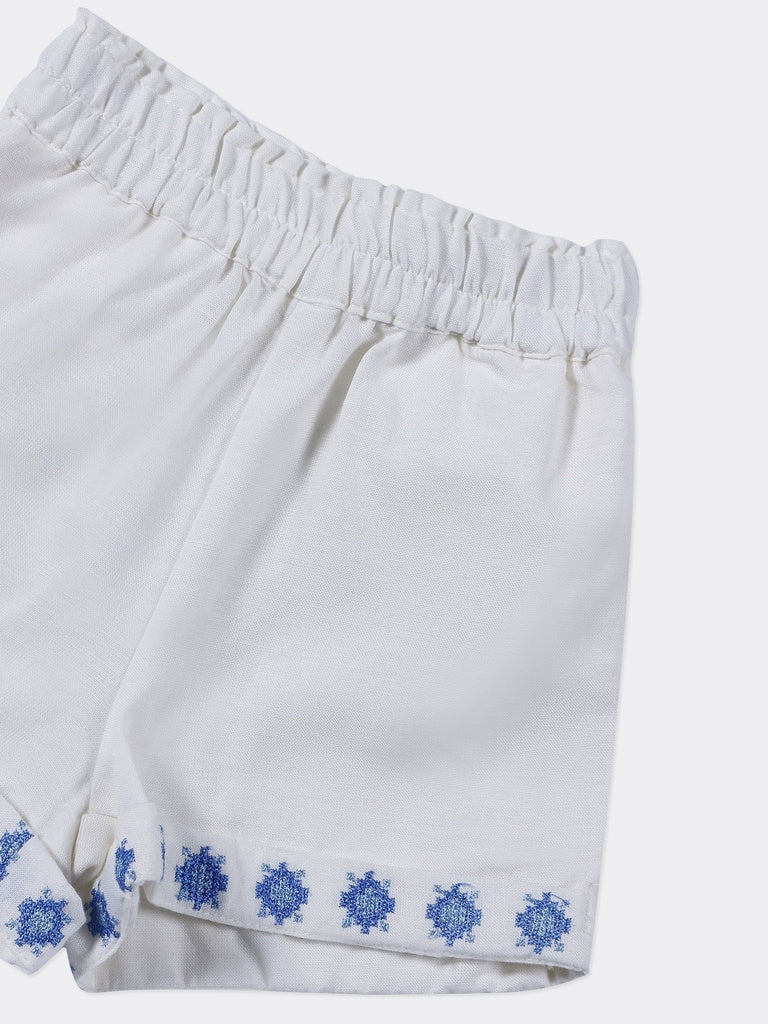 Utsa Kids Girls White Embroidered Cotton-Blend Shorts - (2-8 yrs)
