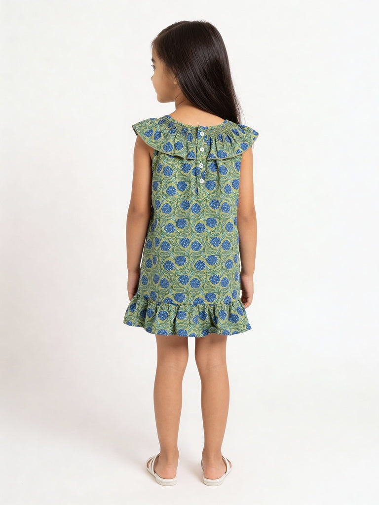 Utsa Kids Girls Lime Green Floral Printed A-Line Cotton Dress - (2 - 8 yrs)