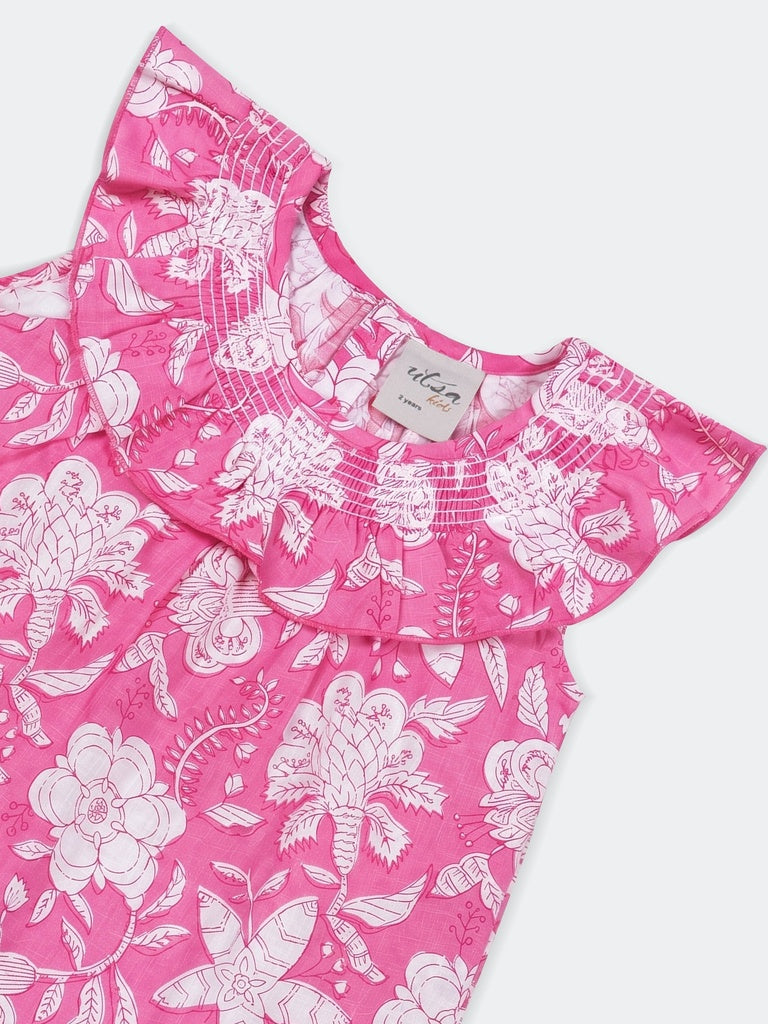 Utsa Kids Girls Pink Floral Printed Cotton Dress - (2-8 yrs)