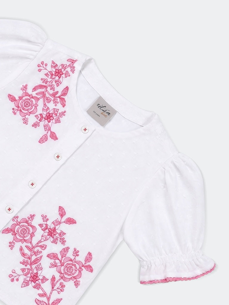 Utsa Kids Girls White Floral Embroidered Cotton-Blend Top - (2-8 yrs)