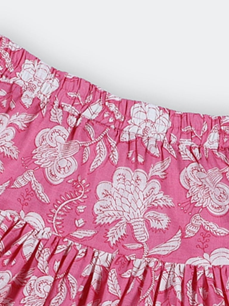 Utsa Kids Girls Pink Floral Print Flared Cotton Skirt - (8-14 yrs)