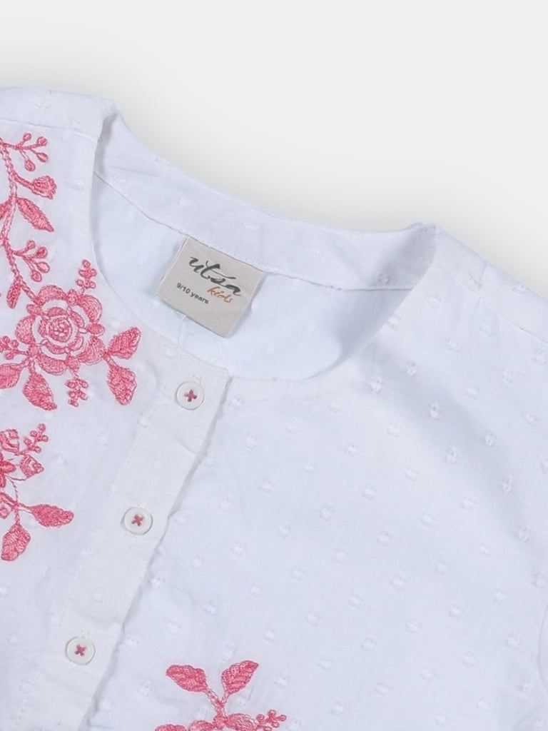 Utsa Kids Girls White Floral Embroidered Cotton-Blend Top - (8-14 yrs)