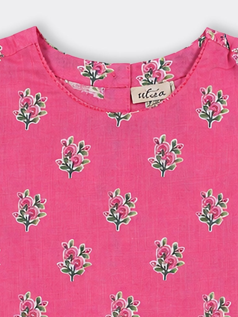 Utsa Kids Girls Pink Floral Flared Cotton Top - (8-14 yrs)