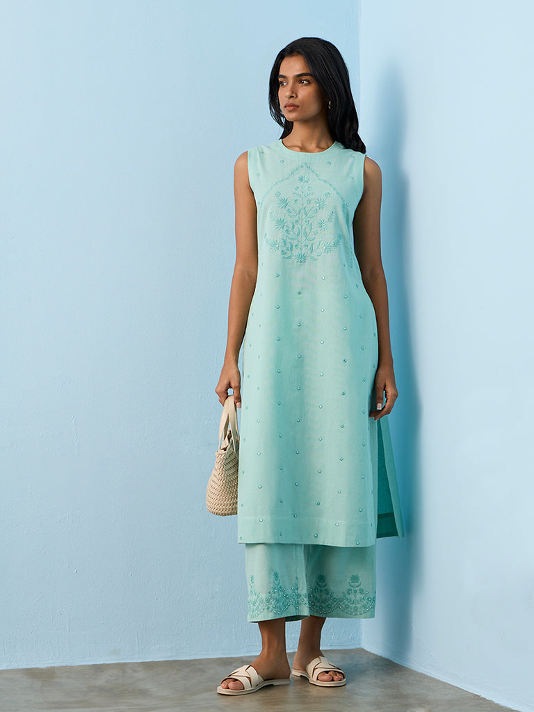 Buy Utsa Aqua Floral Embroidered Cotton-Blend A-Line Kurta from Westside Buy Utsa Aqua Floral Embroidered Cotton-Blend A-Line Kurta from Westside
