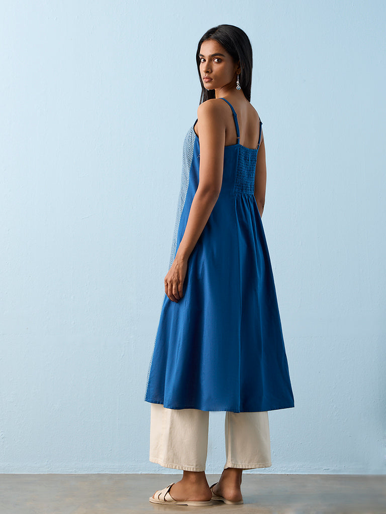 Utsa Indigo Embroidered Cotton A-Line Kurta
