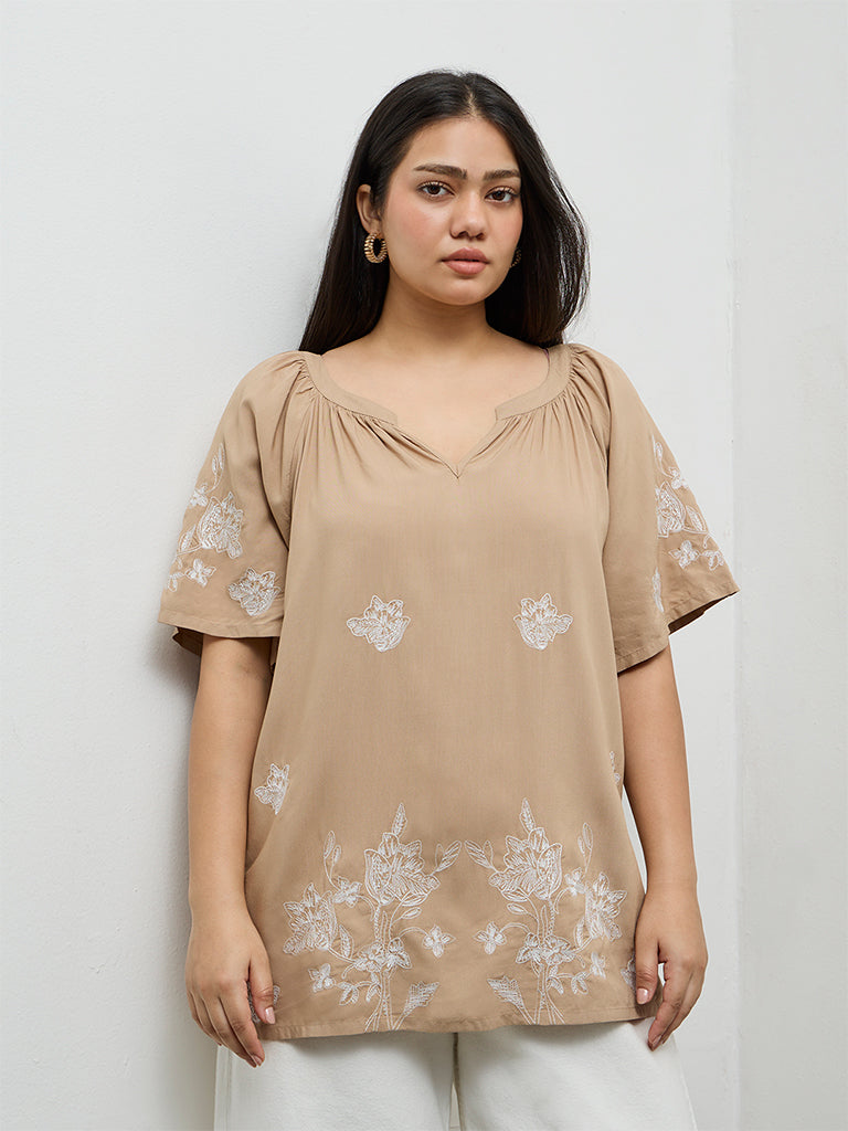 Buy Gia Beige Floral Embroidered Top from Westside