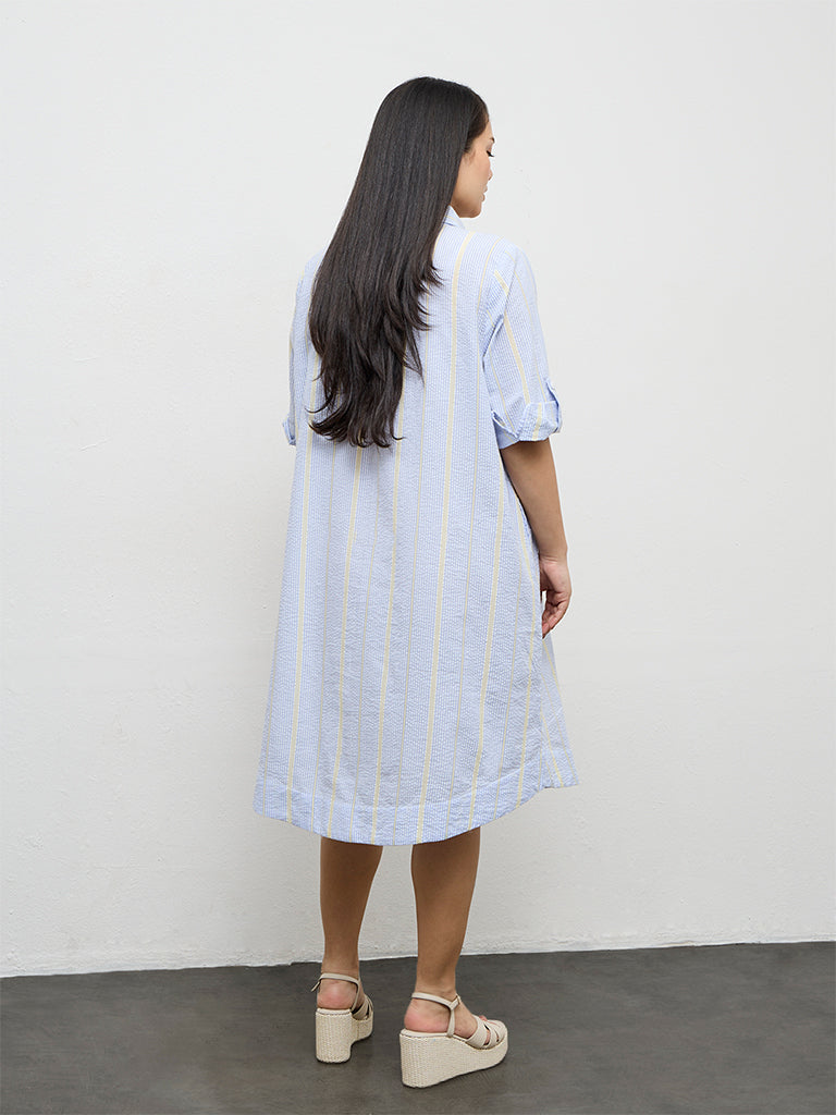 Gia Blue Seersucker Striped Cotton-Blend A-Line Dress