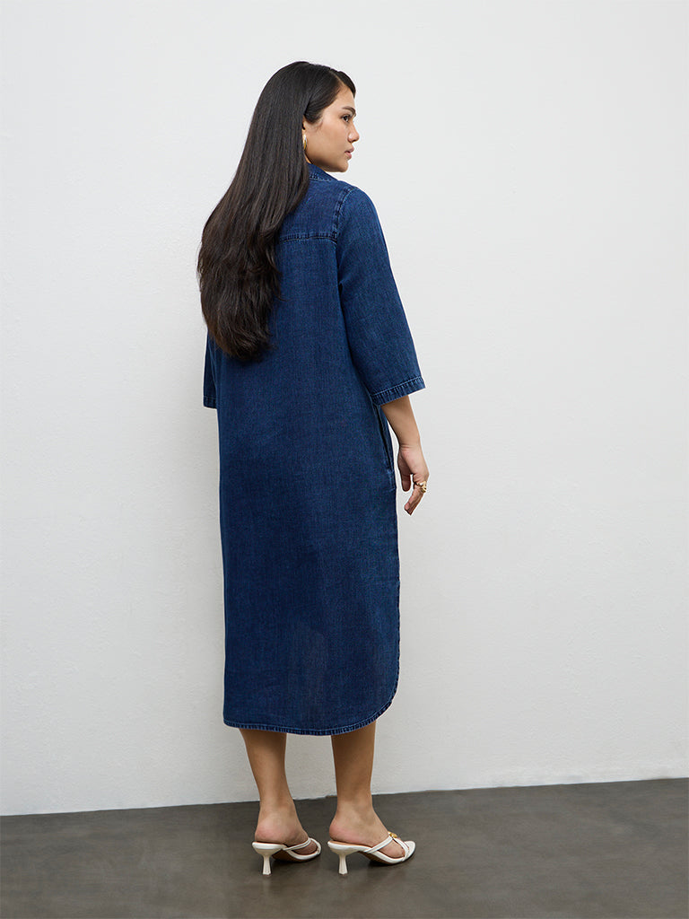 Gia Dark Blue Pintuck Denim A-Line Dress