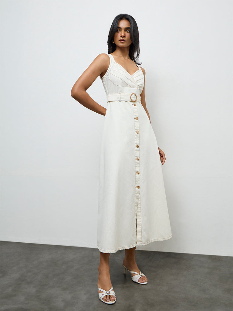 Buy LOV Off-White Denim A-Line Dress with Belt from Westside Buy LOV Off-White Denim A-Line Dress with Belt from Westside