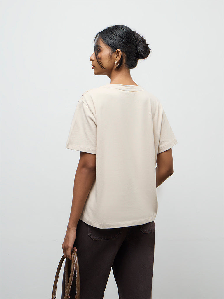 LOV Light Beige Botanical Embroidered Cotton T-Shirt