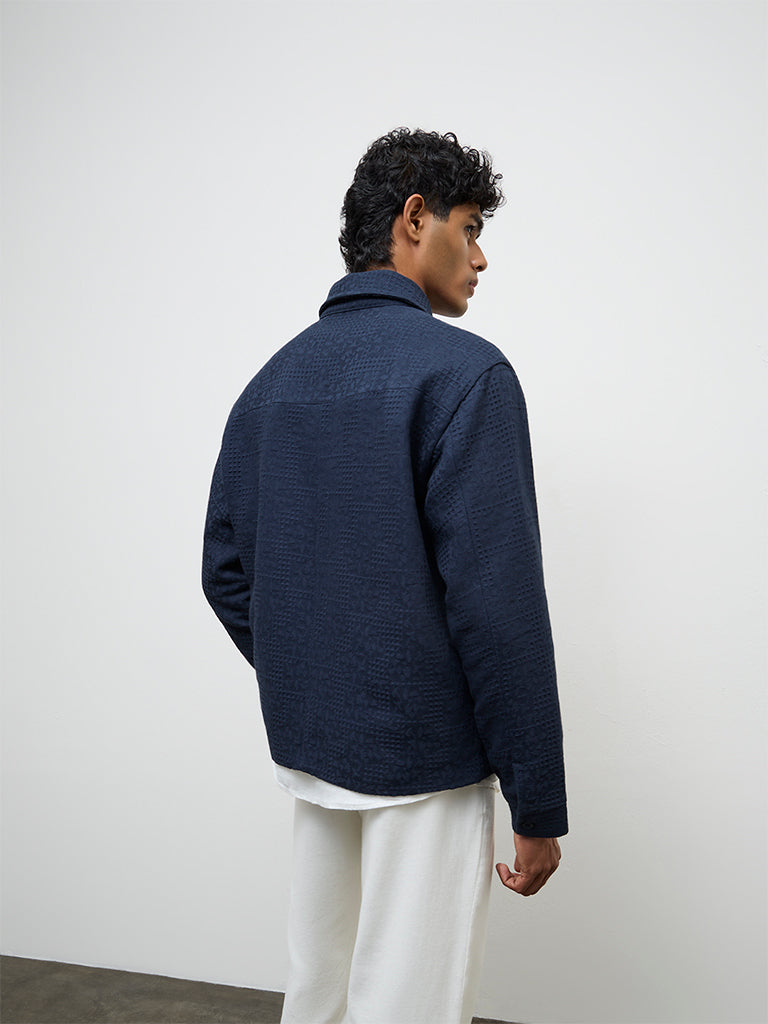 ETA Navy Relaxed Textured Relaxed Fit Cotton Jacket