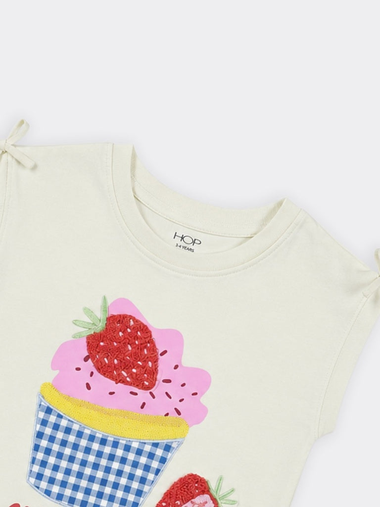 HOP Kids Girls Light Yellow Cupcake Printed Cotton Top