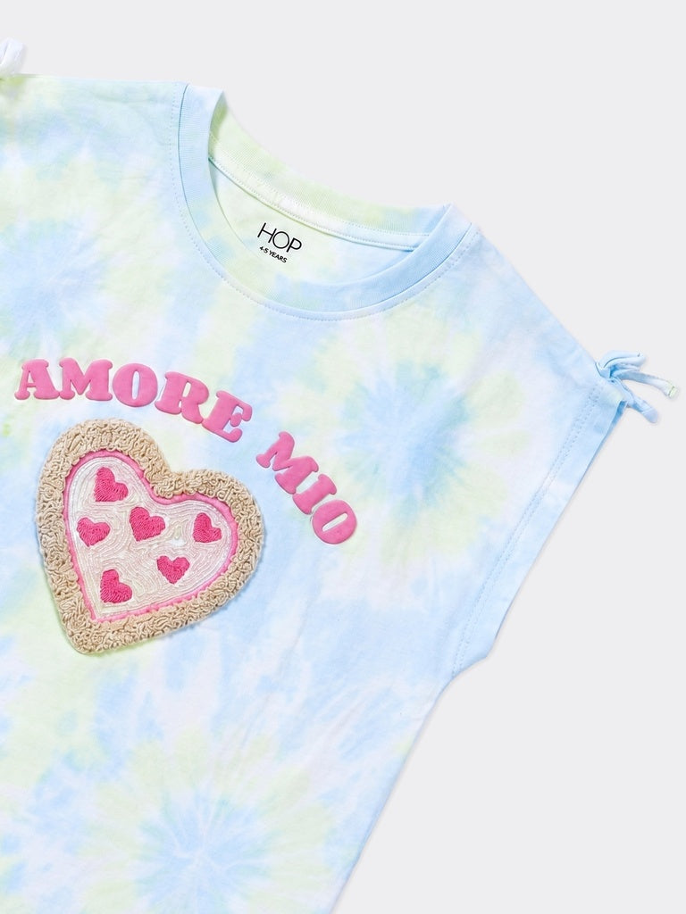 HOP Kids Girls Multicolour Tie-Dye Heart Applique Cotton Top