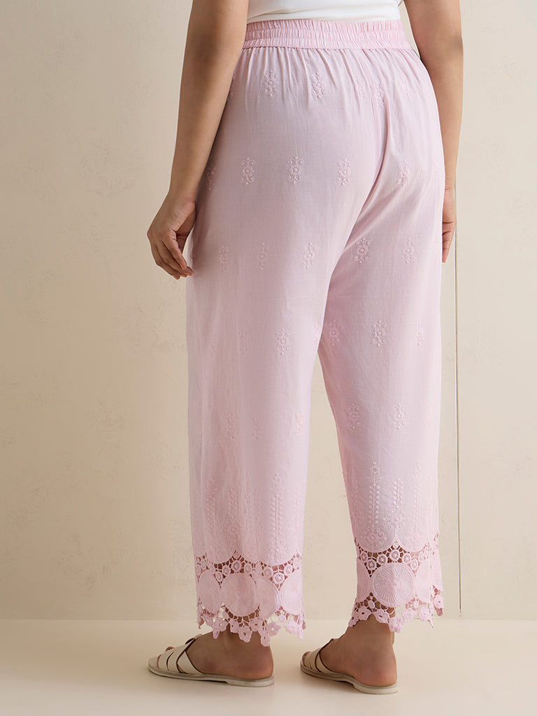 Diza Light Pink Embroidered Cotton Pants
