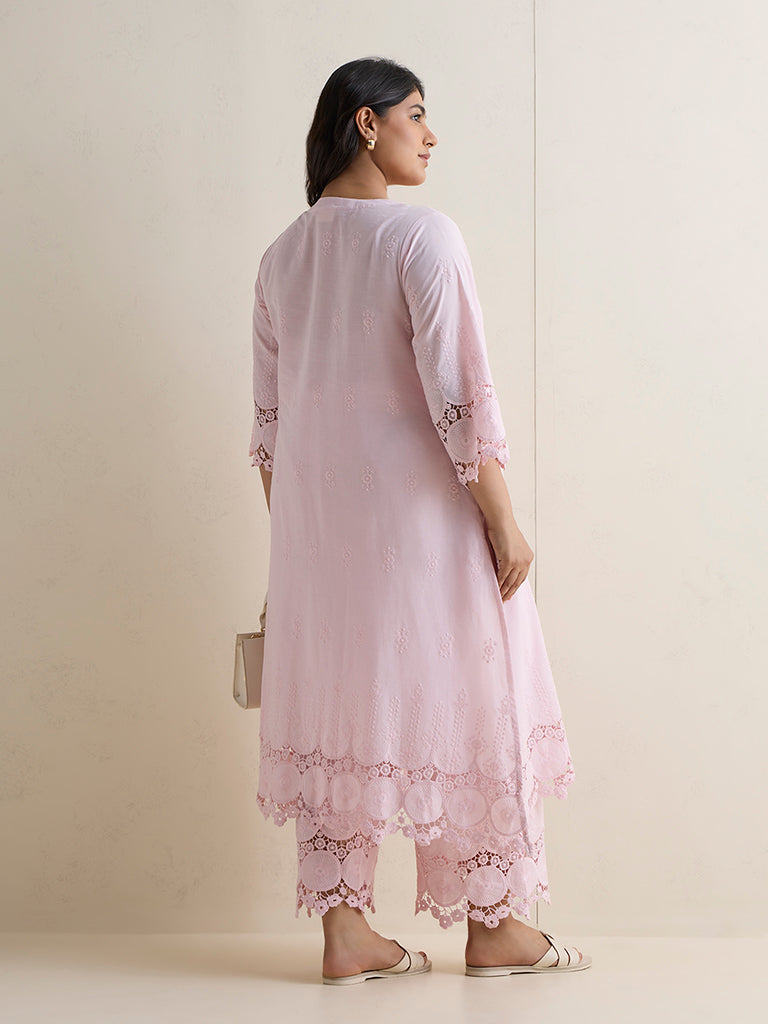 Diza Light Pink Embroidered Cotton A-Line Kurta
