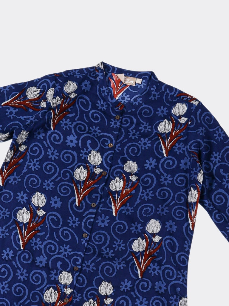 Utsa Indigo Foliage Pattern A-Line Kurta