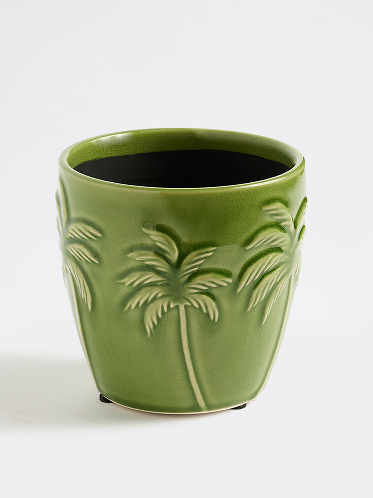 Westside Home Green Palm Tree Embossed Ceramic Pot