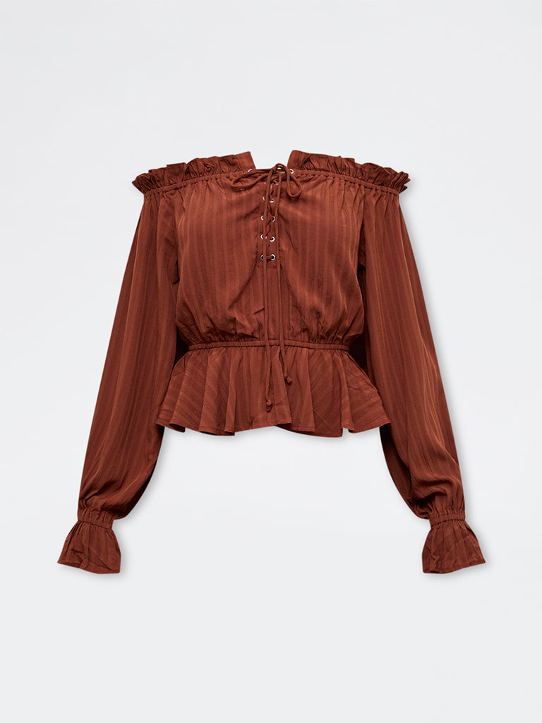 LOV Dark Rust Off-Shoulder Tie-Up Blouse