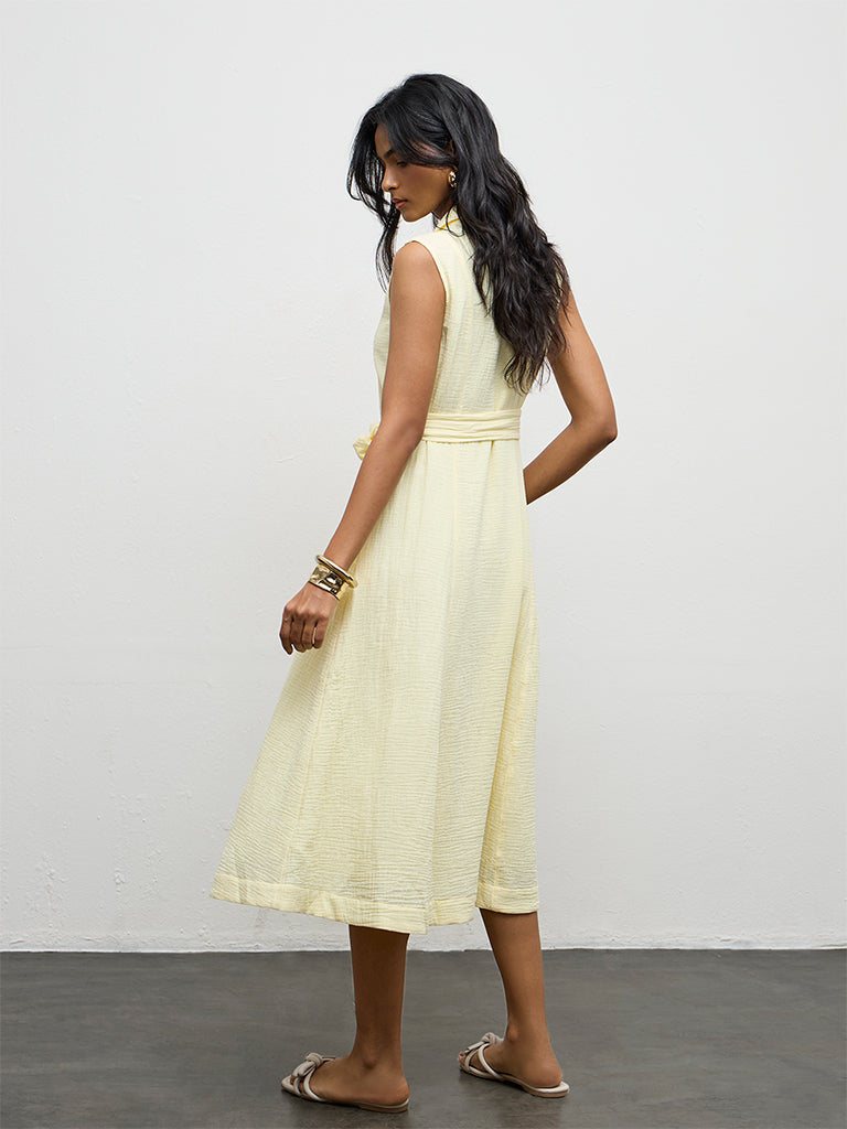 LOV Light Yellow Crinkle-Textured Cotton A-Line Dress
