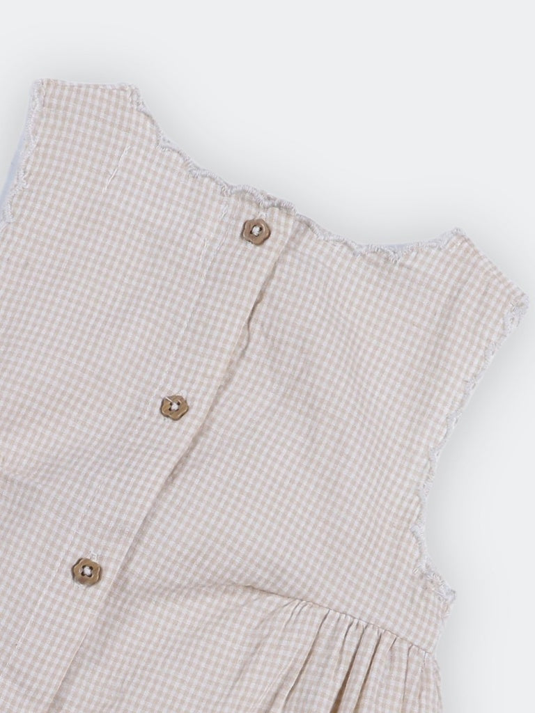 HOP Baby Girls Beige Checkered Flared Cotton-Blend Dress