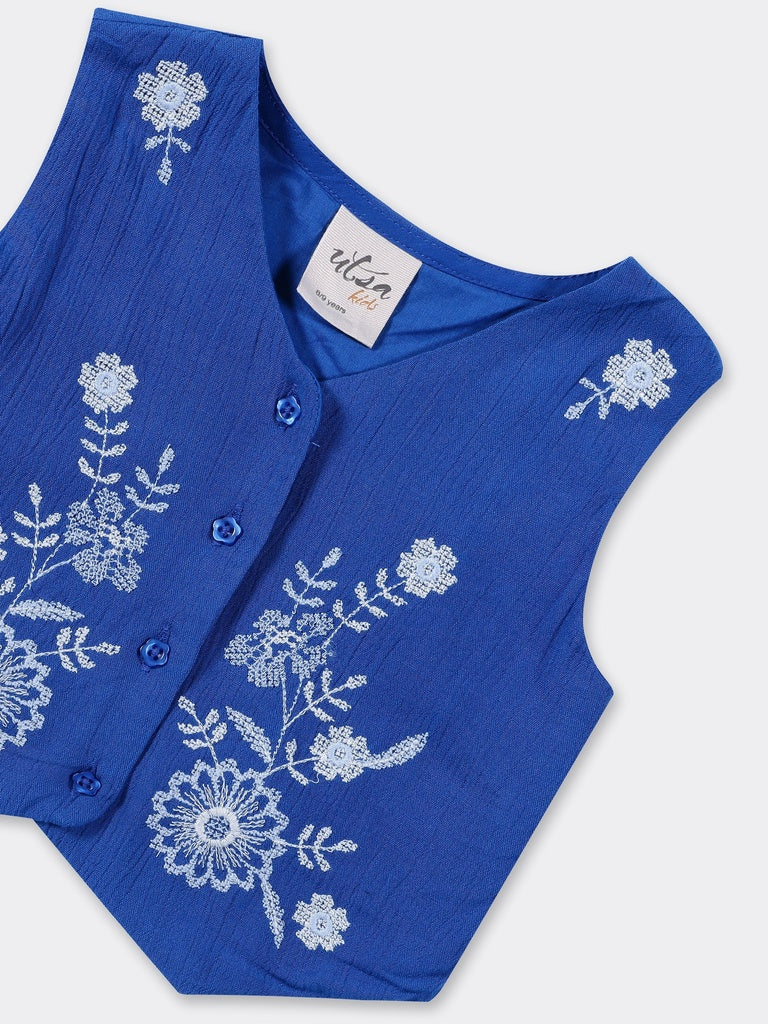 Utsa Kids Girls Cobalt Blue Embroidered Rayon Waistcoat - (8-14 yrs)