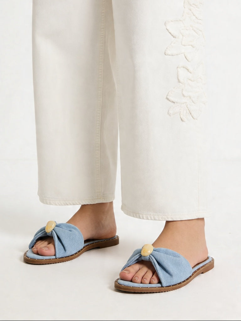 LUNA BLU Blue Denim Bow Detailed Flat Sandals
