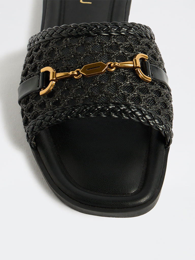 LUNA BLU Black Raffia Slides