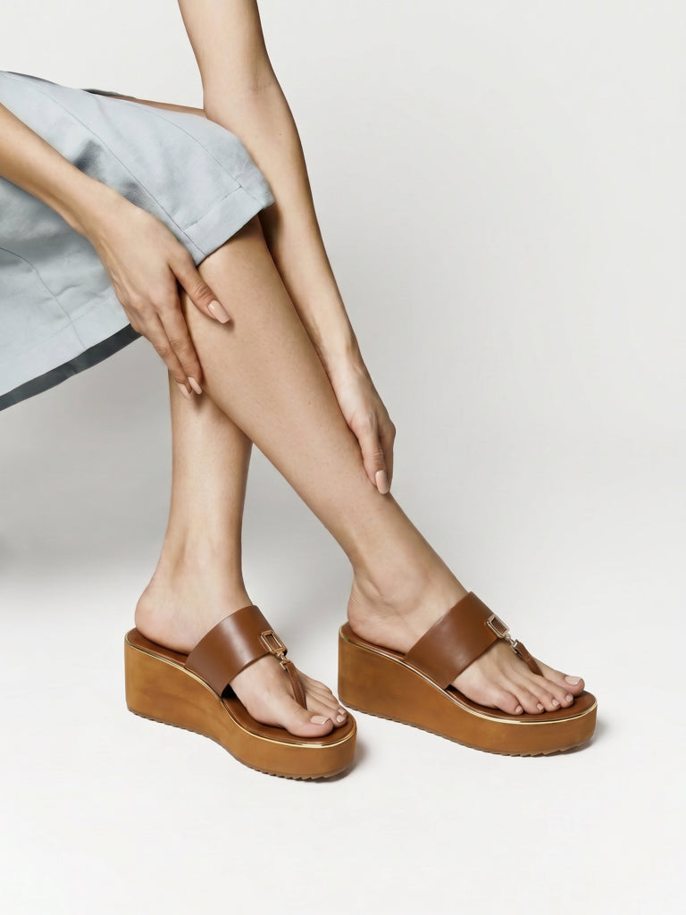 LUNA BLU Tan Thong-Strap Wedge Sandals