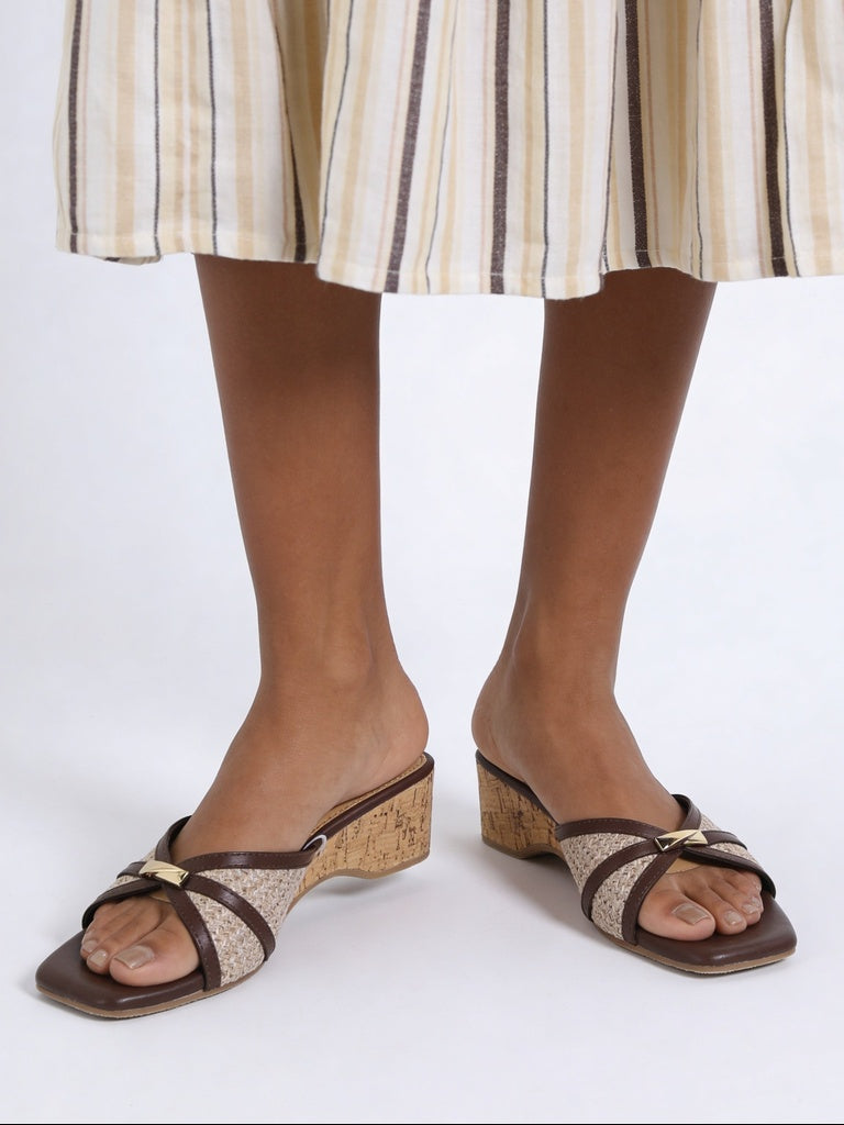 LUNA BLU Brown Trim Detail Wedge Mules