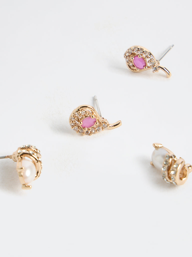 Westside Accessories Pink and White Stone and Pearl Embellished Earrings - Pack of 2