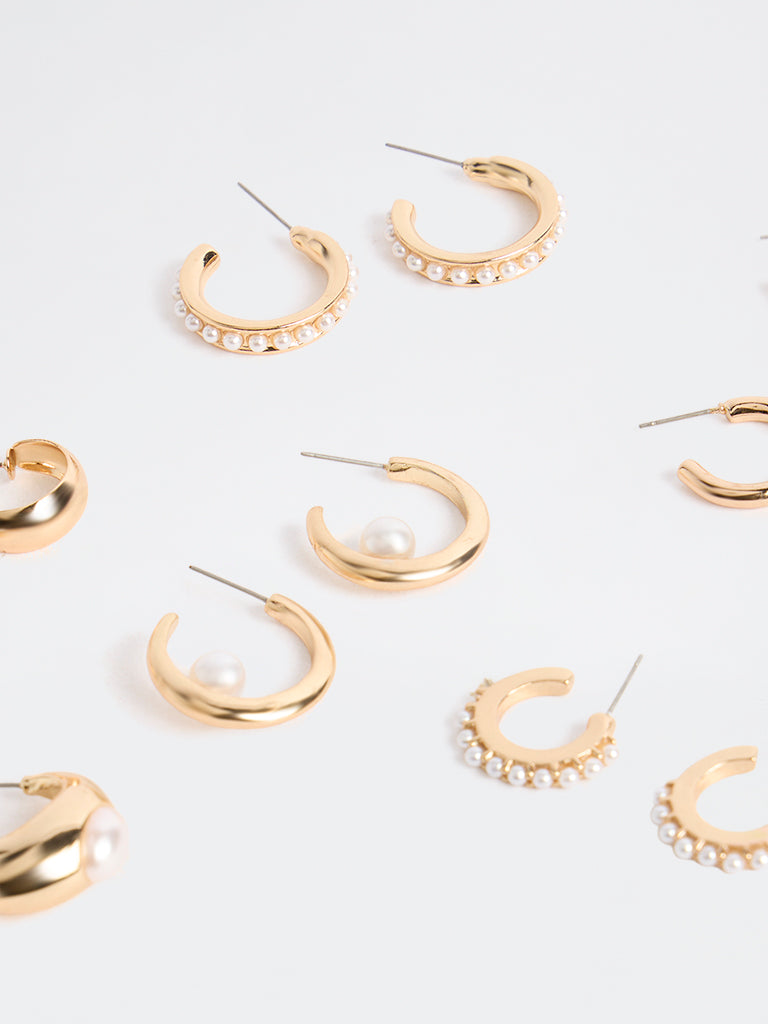 Westside Accessories Gold Pearl-Embellished Multi Hoop Earrings - Pack of 6