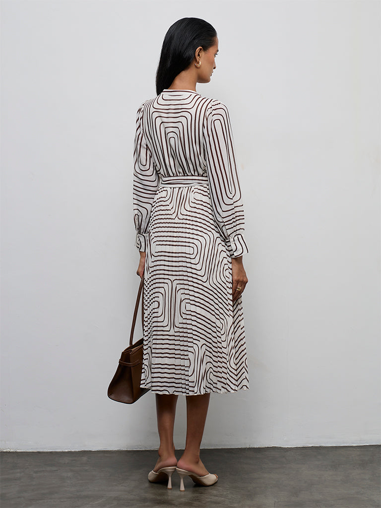Wardrobe Ivory Geometric Printed A-Line Dress with Belt