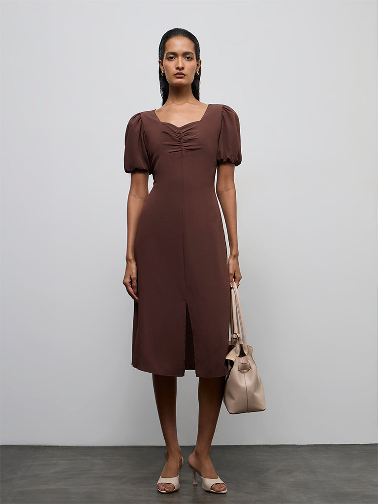 knee length dresses for ladies Buy Wardrobe Dark Brown Ruched A-Line Dress from Westside