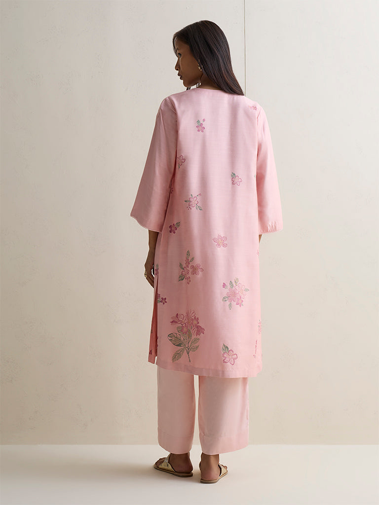 Zuba Pink Floral Pattern Silk Blend A-Line Kurta