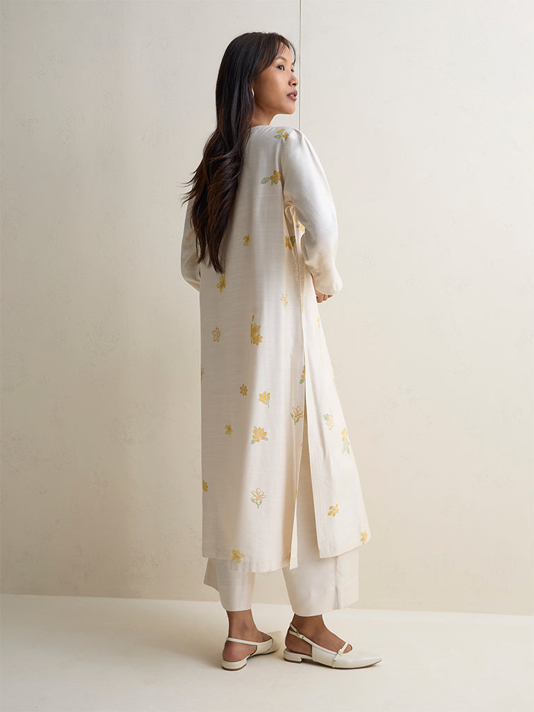 Zuba Ivory Floral Design Silk Blend A-Line Kurta