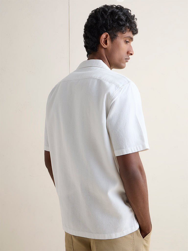 WES Casuals Off-White Striped Relaxed-Fit Cotton Shirt